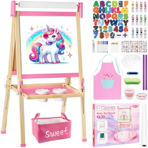 Easel for Kids,Adjustable Wooden Toddler Art Easels, Girls Toys for Ages 5-7,8-13,2-4, Magnetic White Board and Chalk Board with Art Supplies, 2 3 4 5 6 7 8 9 10 Year Old Girl Birthday Gift