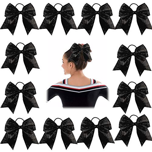 Oaoleer 12PCS 7" Large Glitter Cheer Hair Bows Ponytail Holder Elastic Band Handmade for Cheerleading Teen Girls College Sports (Black)