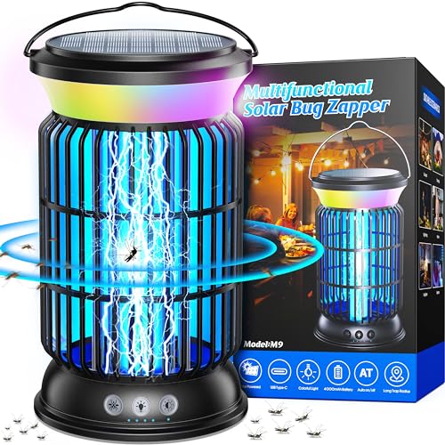 Solar Bug Zapper Outdoor, 4200V Mosquito Zapper, 4000mAh Rechargeable Bug Zapper, Portable Fly Zapper with 9 Modes Light, Waterproof Electric Insect Zapper for Outside, Patio, Backyard, Garden