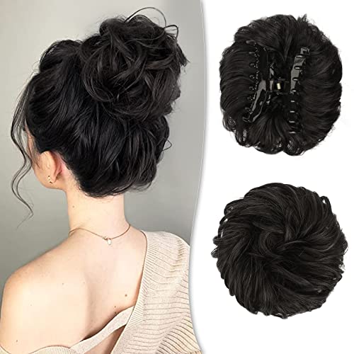 BARSDAR Hair Bun Extensions For Women, Claw Clip Messy Bun Hair Piece Wavy Curly Messy Hair Bun Clip in Claw Chignon Hairpieces Synthetic Messy Bun Hair Extensions Scrunchie for Girls(Brown Black)