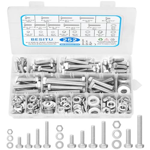 252Pcs Hex Bolts and Nuts Assortment Kit, 1/4-20, 5/16-18, 3/8-16 Assorted Bolts Nuts and Washers Kit, 304 Stainless Steel Machine Screw Sets with Case