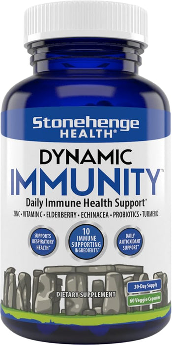 STONEHENGE HEALTH Dynamic Immunity Daily Supplement 10-in-1 Immune Boosters Zinc, Elderberry, Echinacea, Vitamin C & Probiotic L. Acidophilus – Supports Immune System & Respiratory Health, 60 Capsules