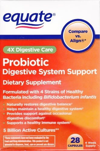 Equate - Probiotic, Digestive System Support, 4X Digestive Care, 28 Capsules (Compare vs. Align)