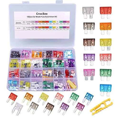 CrocSee 120 Pieces - Car Fuses Assortment Kit, Blade-Type Automotive Fuses - Standard & Mini Size (2A/3A/5A/7.5A/10A/15A/ 20A/25A/30A/35A/40A), Replacement Fuses for Car/RV/Truck/Motorcycle/Boat