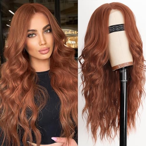 AISI HAIR Auburn Wigs for Women, Long Wavy Lace Hairline Middle Part Synthetic Heat Resistant Wig for Daily Party-26 Inch