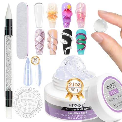 MIZHSE Solid Builder Gel for Nails, 60g Large Capacity Clear Hard Gel for Nails 3D Sculpting Gel Non-Sticky Hand Carving Gel U V/LED Nail Extension Gel with 3D Silicone Mold Nail Art Salon Home DIY