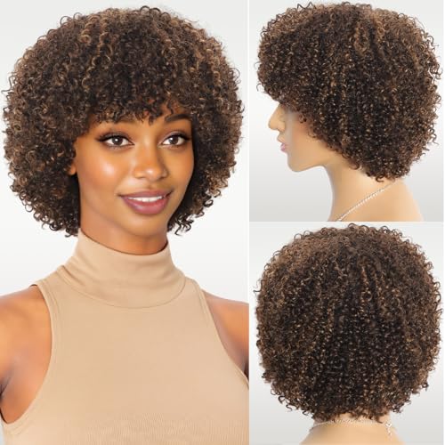 4/30 Highlight Curly Human Hair Wig for Black Women Jerry Curly Coloured Bob Wig with Bangs 180 Density Brazilian Virgin Human Hair Glueless None Lace Machine Made Wigs 8 Inch