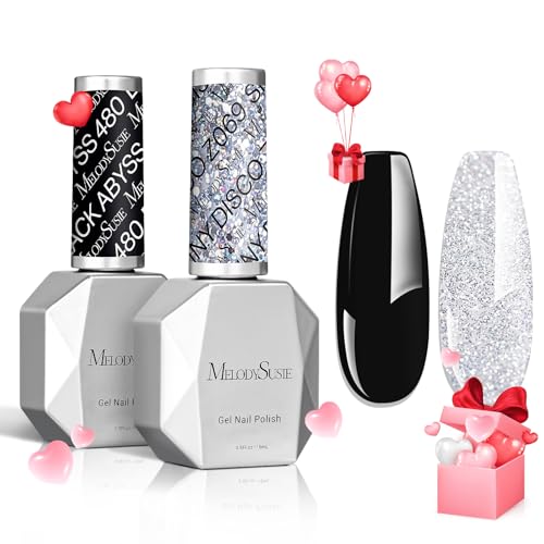 MelodySusie Thick Gel Polish Kit- 2 Pcs 15ml Sliver Glitter & Black Colors Polish Set Nail Art Manicure Salon Diy at Home Christmas Gift