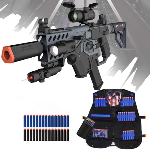 Toy Gun Automatic Sniper Rifle with Tactical Vest Kit, Scope. Toy Foam Blaster Dart Toys with 120 Darts, IR and Flashlight. The Shooting Activity Game for Kids Age 8+