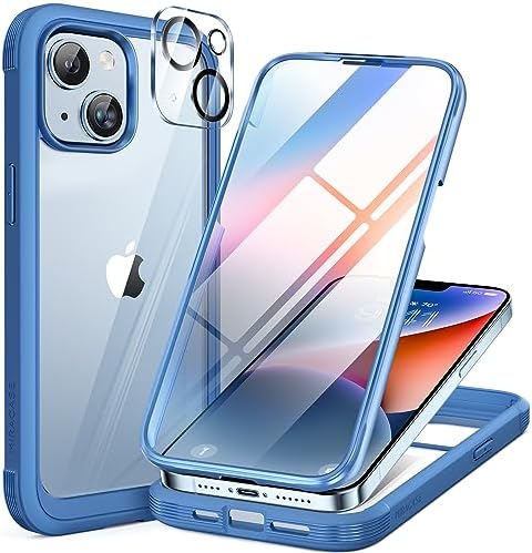 Miracase Glass Series Designed for iPhone 14 Case 6.1 inch, 2023 Upgrade Full-Body Clear Bumper Phone Case with Built-in 9H Tempered Glass Screen Protector and Camera Lens Protector,Blue