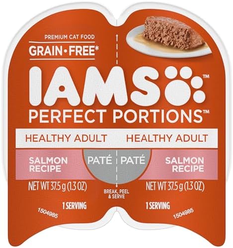 IAMS Perfect Portions Healthy Adult Grain Free Wet Cat Food Paté, Salmon Recipe, 2.6 oz. Easy Peel Twin-Pack Trays (24 Count, 48 Servings)