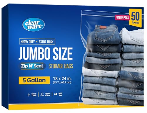 Clearware 50 Large Plastic Bags With Zipper Top - 5 Gallon Bags 18" x 24", Extra Large Storage Bags for Clothes, Travel, Moving, Large Reusable freezer bags, BPA-Free, 2-mil Thick Clear Plastic Bags