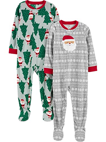Simple Joys by Carter's Kids' Holiday Loose-fit Flame Resistant Fleece Footed Pajamas, Light Grey Santa/Mint Green Christmas Print, 4T