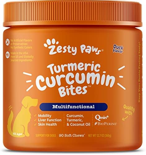 Zesty Paws Turmeric Curcumin for Dogs - for Hip & Joint Mobility Supports Canine Digestive Cardiovascular & Liver Health - Coconut Oil for Skin Health with 95% Curcuminoids + BioPerine Duck, 90 Count