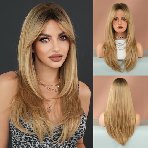 7JHH WIGS Blonde Layered Wig with Curtain Bangs Long Straight Pixie Cut wig with Dark Roots Natural Looking Heat Resistant Synthetic Hair Fiber Wigs for Women Daily Used