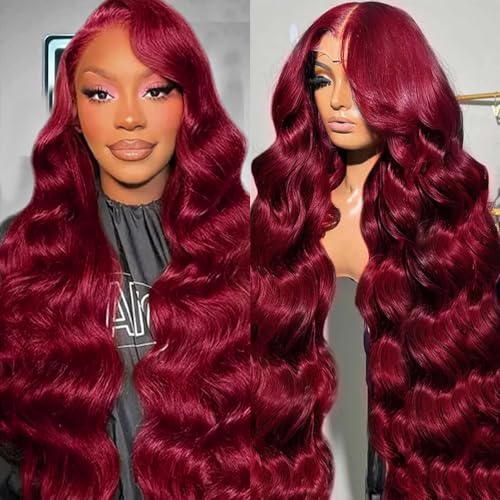 Burgundy Lace Front Wigs Human Hair Pre Plucked 200% Density Burgundy Wig Human Hair Body Wave 99j Human Hair Lace Front Wigs Burgundy Frontal Wig 13x4 Glueless Wigs Human Hair 32 Inch