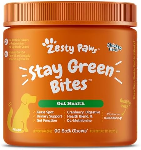 Zesty Paws Stay Green Bites for Dogs - Grass Burn Soft Chews for Lawn Spots Caused by Dog Urine - with Cranberry for Urinary Tract & Bladder - Chicken - 90 Count