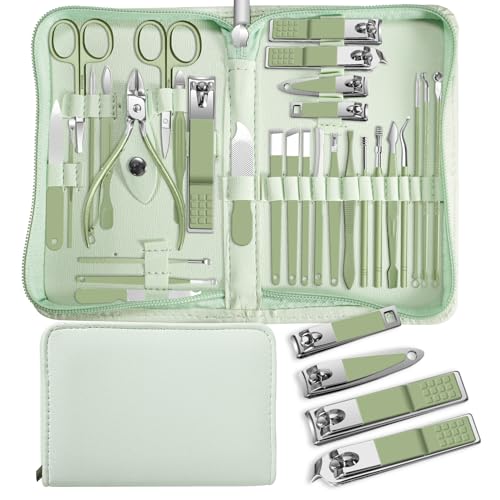 Manicure Set, 30 in 1 Manicure Set Professional, Andrea Nail Care kit, Nail Clipper Set, Pedicure kit with Deluxe Travel Nail kit Leather Bag, Nail Clippers(Green)