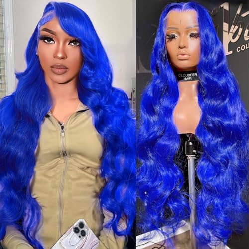 32 Inch Blue Wig Human Hair Body Wave 13x4 Lace Front Wigs Human Hair Pre Plucked Blue Human Hair Lace Front Wigs Colored 200 Density Blue HD Lace Frontal Wigs Human Hair Blue Human Hair Wig