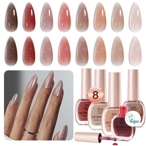 AZUREBEAUTY Vegan Nail Polish Set 8 Colors Jelly Shimmery Kit, Nude Red Brown Quick Dry Natural Nail Lacquer Strengthening Treatment Kit DIY Salon