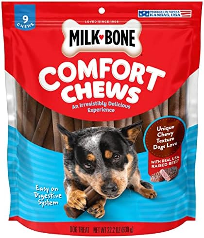 Milk-Bone Comfort Chews, Rawhide Free Dog Treats with Unique Chewy Texture and Real Beef, 9 Chews (Pack of 4), Easy on Digestive System
