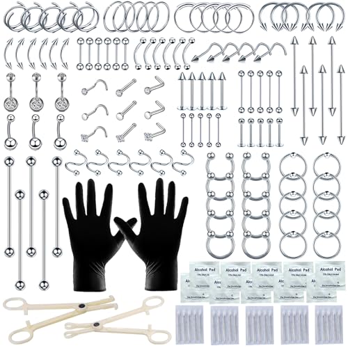 153Pcs Piercing Kit for all Body Piercings with Piercing Jewelry and Tools for Nose Septum Belly Button Lip Ear Tongue Cartilage Eyebrow and More with 12G 14G 16G and 20G Piercing Needles