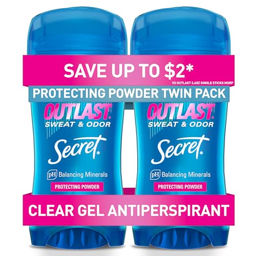 Secret Outlast Antiperspirant Deodorant for Women, 48hr Sweat & Odor Protection, PH Balancing Minerals, Clear Gel, Protecting Powder Scent, 2.6 oz (Pack of 2)