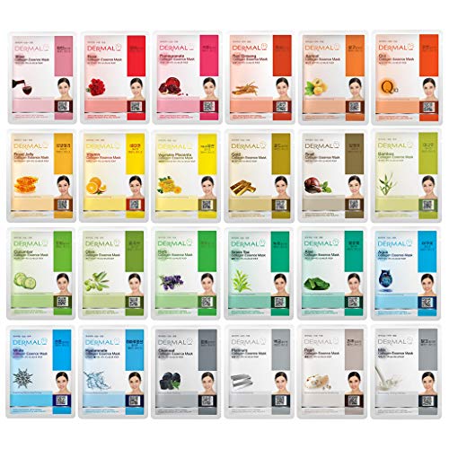 DERMAL 48 Combo Pack Collagen Essence Korean Face Mask - Hydrating and Soothing Facial Mask with Panthenol - Hypoallergenic Self Care Sheet Mask for All Skin Types - Natural Home Spa Treatment Mask