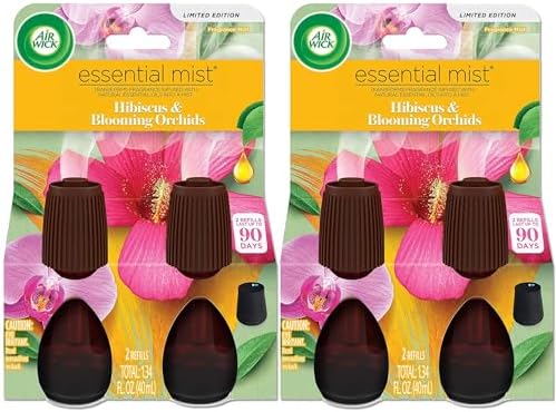 Air Wick Essential Mist Diffuser Oil Refills, 4 Count Hibiscus & Blooming Orchids Spring Scent, Air Freshener Fragrance Spray Refill, 2.68 Oz