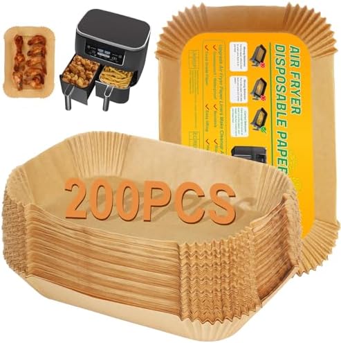 BYKITCHEN Air Fryer Liners for Ninja Dual Air Fryer, Set of 200, Rectangle Disposable Air Fryer Liners Compatible with Ninja DZ201/DZ401/DZ550/DZ090, Instant Vortex and Other DualZone Airfryer