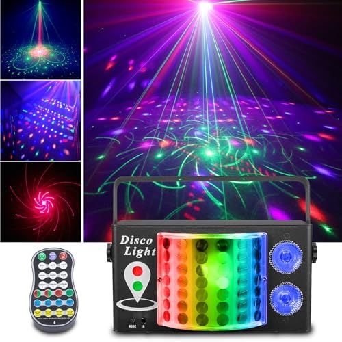 3-in-1 Disco Party Lights, LED DJ Rave Strobe Lights, Sound Activated Remote Control Stage Lights Projecter Dancing Lights for Wedding Birthday Christmas Holiday Music Show Dance (8.46“*4.52”*5.3“)