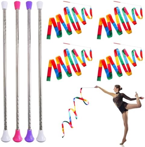 4 Pack Twirling Batons and 4 Piece Colorful Dance Ribbons, 21 Inch Stainless Steel Rhythmic Gymnastics Conducting Batons, Spinning Dance Baton for March Band, Artistic Dancing