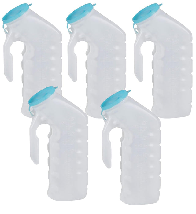 Male Urinal with Glow in The Dark Cover [32oz Pack of 5] Portable Pee Bottles for Men Used for Hospitals, Incontinence, Emergency and Travel (5)