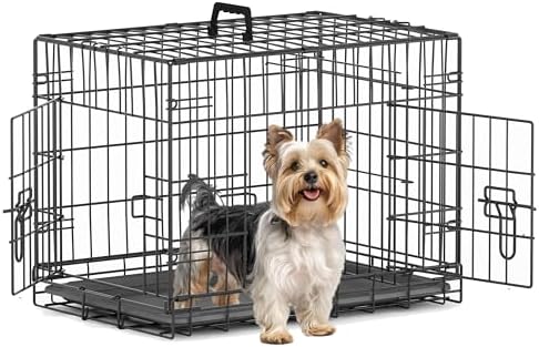 Piskyet 24 Inch Double Door Small Dog Crate with Divider Panel and Leak- Proof Pan Tray, Folding Metal Wire Pet Kennel for Indoor,Antigue Color
