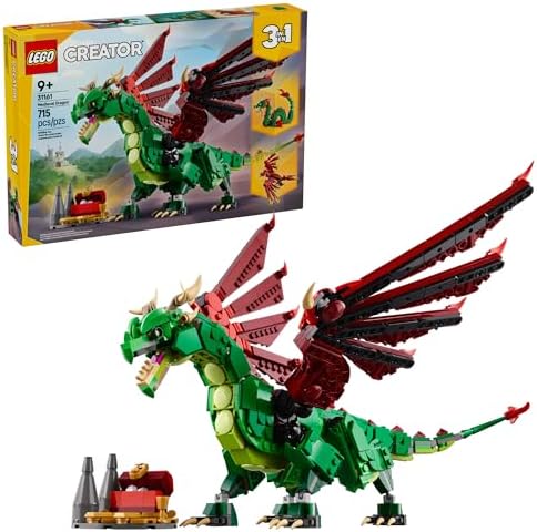 LEGO Creator 3 in 1 Medieval Dragon Toy - Building Toy with 3 Build Options, Dragon, Sea Serpent, or Phoenix - Fantasy Set for Kids, Boys and Girls, Ages 9+ - Gift Idea for Birthdays - 31161