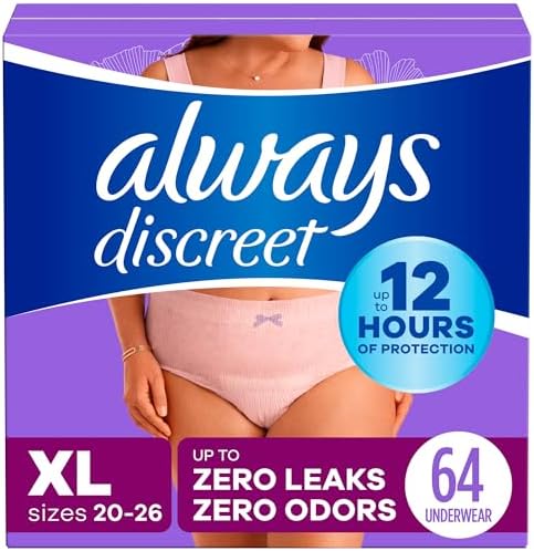 Always Discreet Adult Incontinence Underwear for Women and Postpartum Underwear, XL, Up to 100%* Bladder Leak Protection, 64 CT,