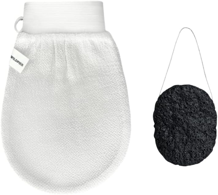 Wildpier Deep Exfoliating Glove and Bamboo Charcoal Konjac Sponge Bundle