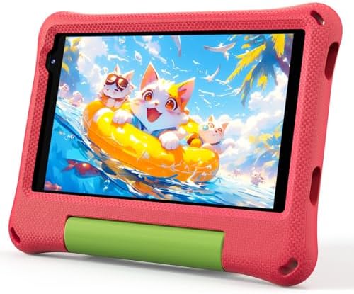 Kids Tablet 8 Inch Tablet for Kid Android 14 Toddler Tablet Octa-Core 64GB 2TB Expandable WiFi Children Tablet with EVA Shockproof Case, GMS Certified, Dual Camera, BT, Rose Red