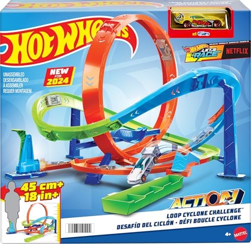 Hot Wheels Toy Car Track Set, Action Loop Cyclone Challenge Playset & 1:64 Scale Vehicle, 2 Ways to Play, Easy Storage