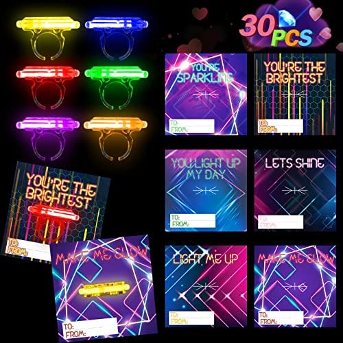 Valentines Day Cards for Classroom School, Valentines Cards with 30 ring and 36 glow sticks, Kids Valentines Day Gift Exchange for Classroom School, Valentines Day Gifts for Kids Boys Girls