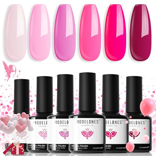 modelones Pink Gel Nail Polish Set 6 Colors, Hot Pink Tones Neon Pink White Shades Magenta Light Soft to Dark 2025 Spring Valentines Day Nail Art Gel Design for Women Girl Nail Lovers Gift Salon DIY