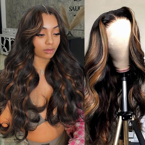 Highlight Ombre Lace Front Wig Human Hair 22 Inch 1B/30 Body Wave HD Lace Front Wigs Human Hair Pre Plucked 13x4 180 Density Frontal Glueless Balayage Wig Human Hair with Baby Hair