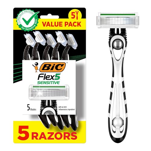 BIC Flex 5 Sensitive Disposable Razor, 5-Count Pack of Men's Razors