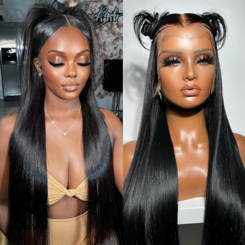 Miss Flower 250 Density Ultra-thin Invisible HD Lace Wig 13x6 Full Frontal Wigs Human Hair Pre Plucked Tiny Knots Frayed Ends 26Inch 15A Grade Straight Lace Front Wigs Human Hair For Black Women