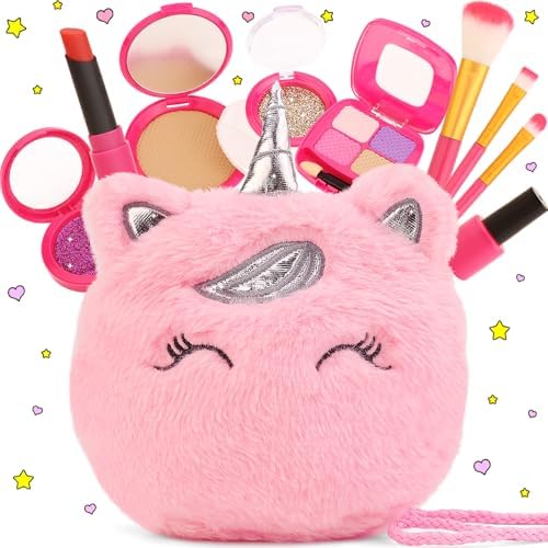Pretend Makeup Kit for Toddlers Girls Toys Age 3 4 5 6 7 8 Years Old Gifts, Fake Play Makeup Set for Kids Toy 3-5 4-6, Unicorn Princess Little Girl Purse with Make up