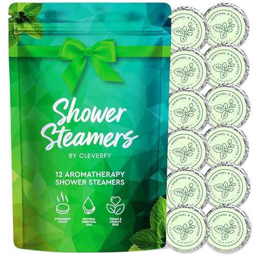 Cleverfy Shower Steamers Aromatherapy - 12 Pack of Menthol & Eucalyptus Shower Bombs with Essential Oils for Relaxation and Nasal Congestion. Valentines Day Gifts for Her and Him.