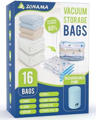 Vacuum Storage Bags for Travel, Combo 16 Pack Travel Vacuum Sealed Bags with 1500mAh Portable Rechargeable Electric Pump for Clothes, Pillows, Comforters, Travel Luggage, Backpack, Travel Essentials