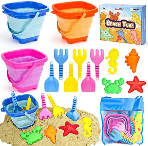 Dreamon Beach Toys for Kids 3-10, Collapsible Sand Castle Toys for Beach Include 3 Pack Foldable Buckets, Shovels Molds and Storage Mesh Bag, Sandbox Travel Toys for Toddlers Kids
