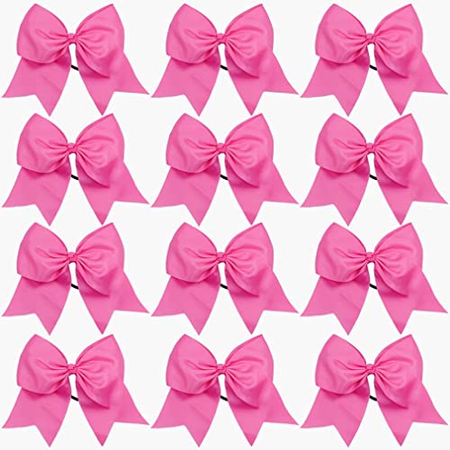 DEEKA 12PCS 8" Large Cheer Hair Bows Ponytail Holder Handmade for Teen Girls Softball Cheerleader Sports-Pink