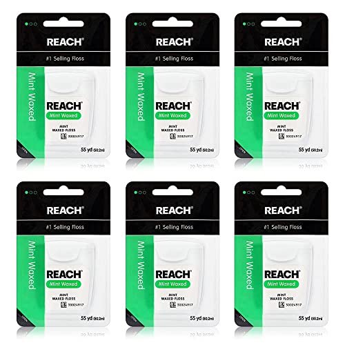 REACH Waxed Dental Floss 6 Pack Bundle, Mint, Plaque Remover, Shred Resistant, Extra Wide Cleaning, Gentle on Gums & Teeth, PFAS-Free, Oral Care, for Adults & Kids, 55yd
